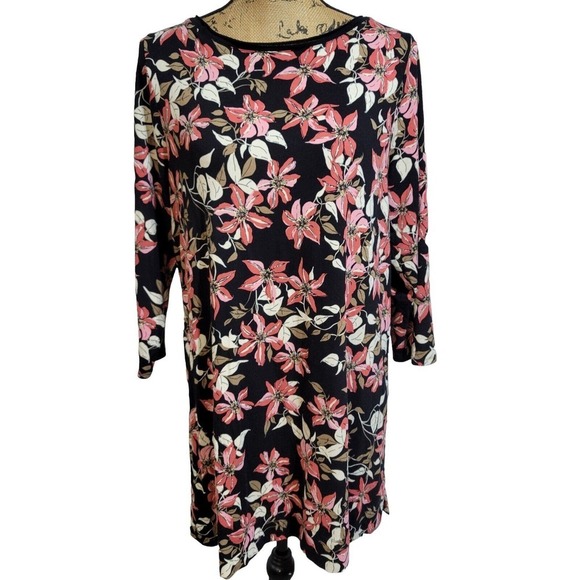 J. Jill Dresses & Skirts - J Jill Wearever Black Floral Knit Shift Dress Chiffon Sleeve M